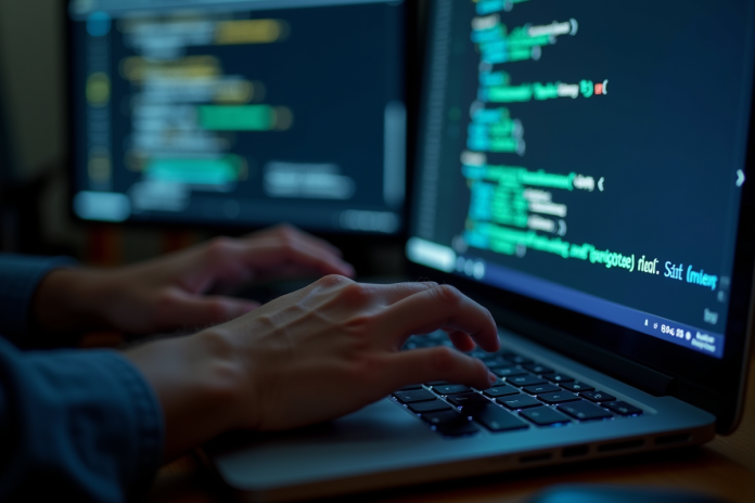 clavier-backlit-code Main de programmeur tapant sur un clavier rétroéclairé avec code source en arrière-plan
