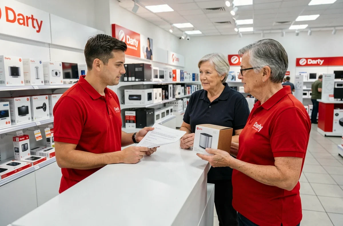 Client présentant un email de réclamation Darty à un conseiller en magasin pour résoudre un problème de panne sous garantie