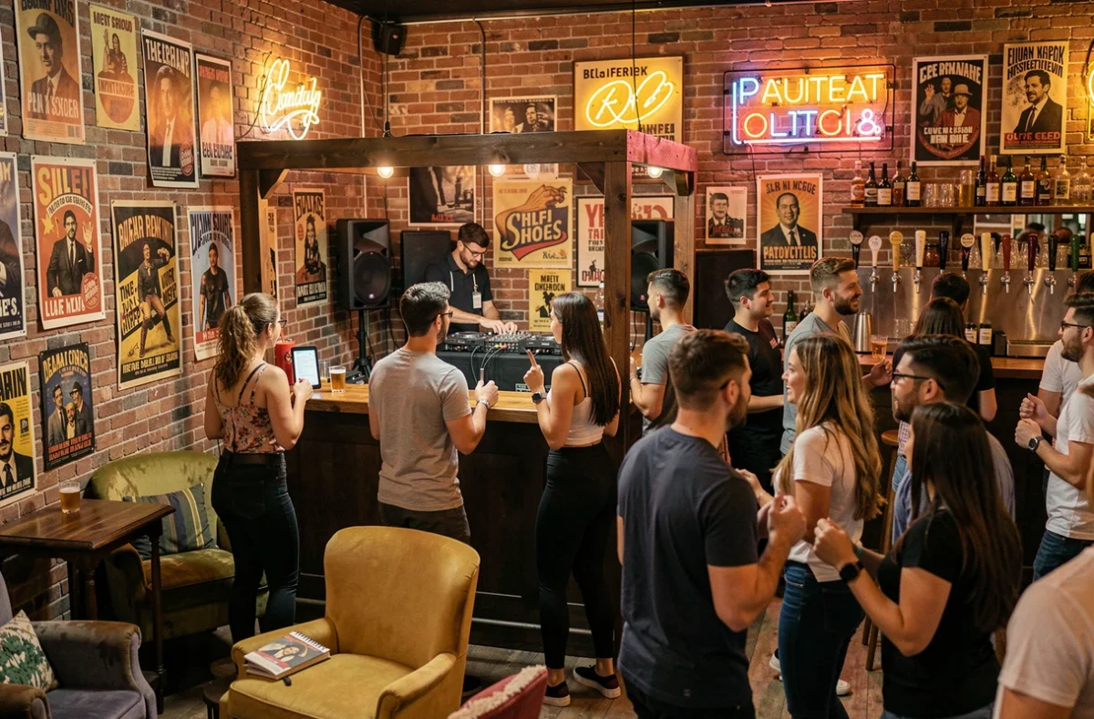 Bar festif avec un DJ en cabine entouré d'affiches vintage et une foule animée dans une ambiance chaleureuse