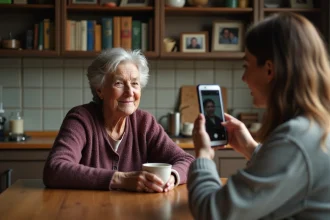Une femme âgée raconte ses souvenirs à une jeune femme qui l'enregistre sur smartphone, illustrant la collecte de mémoire orale pour une encyclopédie collaborative locale