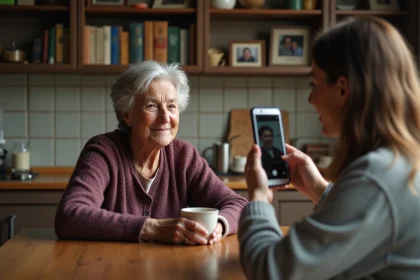 Une femme âgée raconte ses souvenirs à une jeune femme qui l'enregistre sur smartphone, illustrant la collecte de mémoire orale pour une encyclopédie collaborative locale