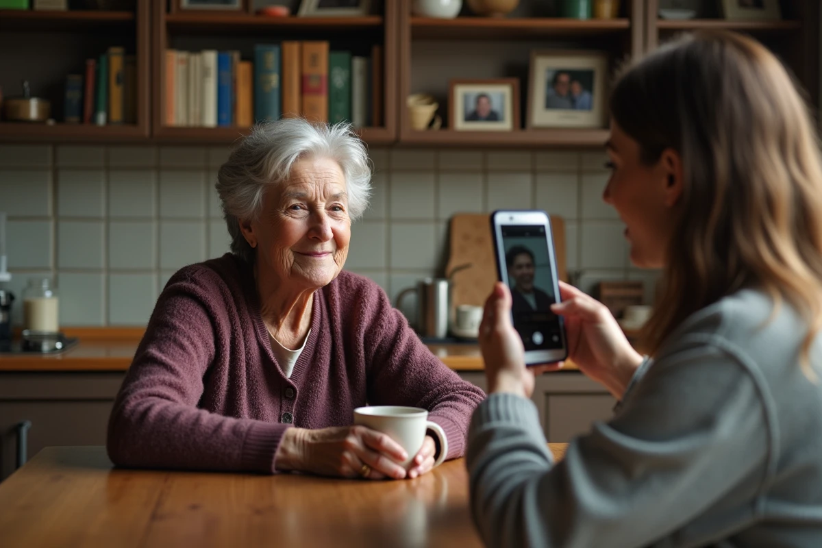 Une femme âgée raconte ses souvenirs à une jeune femme qui l'enregistre sur smartphone, illustrant la collecte de mémoire orale pour une encyclopédie collaborative locale
