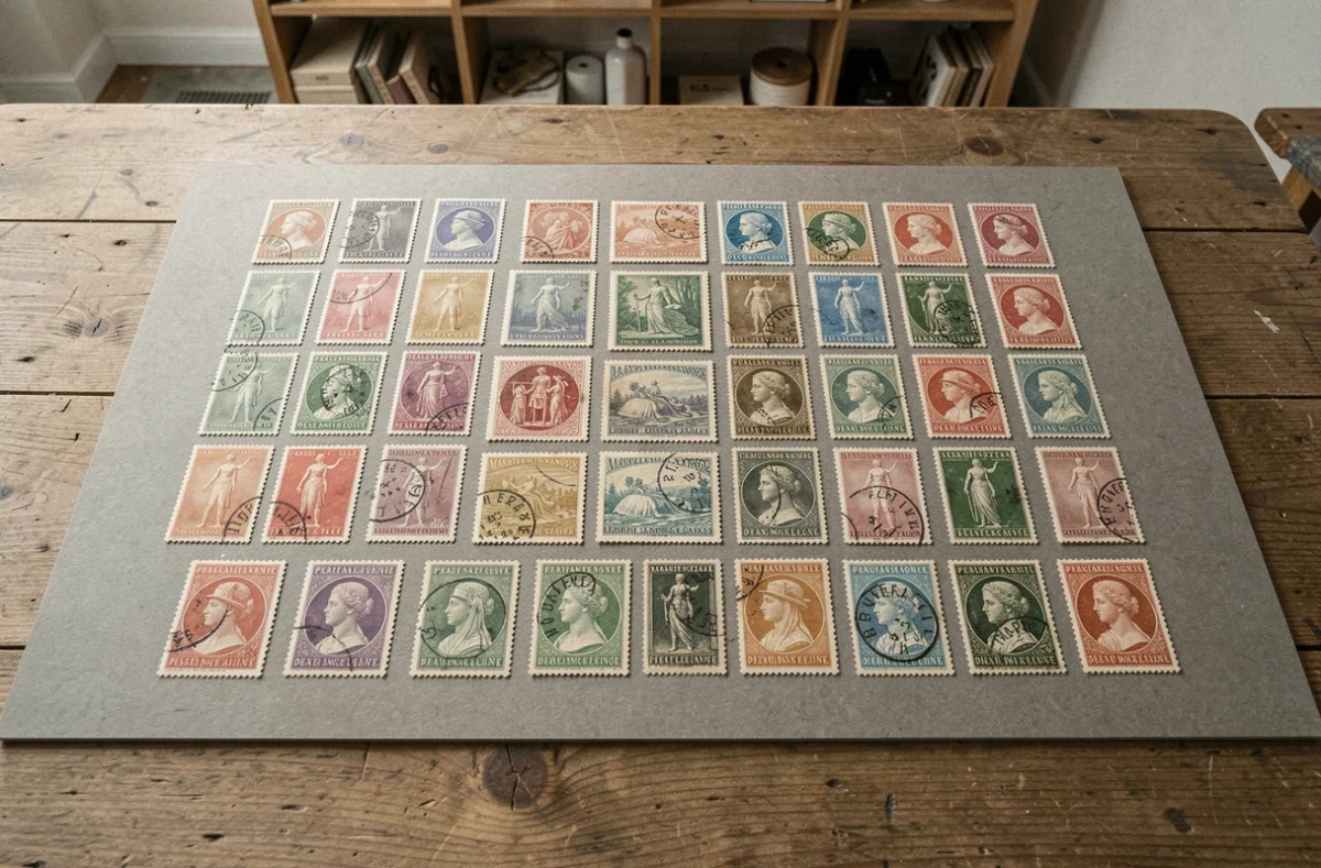 Collection de timbres rares français anciens disposés sur un carton philatélique gris, gravures Cérès et Marianne visibles