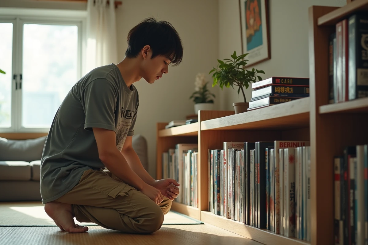 Collectionneur de manga organisant sa collection de volumes One Punch Man dans un salon décoré à la japonaise