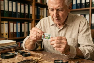 Collectionneur philatéliste examinant un timbre rare français à la loupe avec des pinces philatéliques sur un bureau ancien