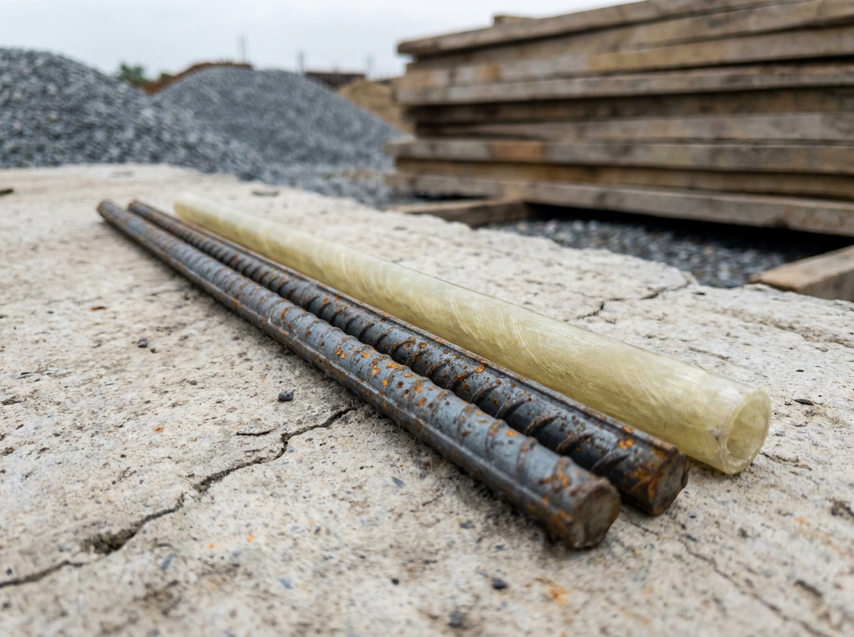 Comparaison visuelle entre barres d'armature en acier et tiges en fibre de verre sur un chantier de construction