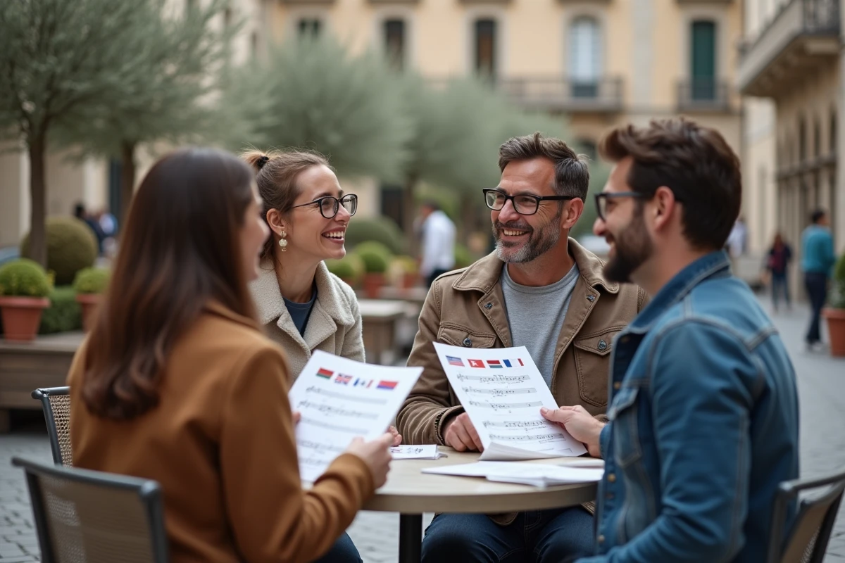 Groupe de personnes comparant des hymnes nationaux du monde autour d'une table en plein air lors d'un événement culturel