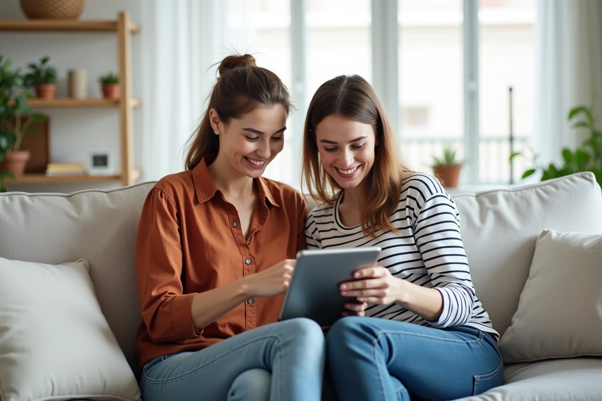 Deux femmes comparant des produits sur mobile et tablette dans un salon scandinave