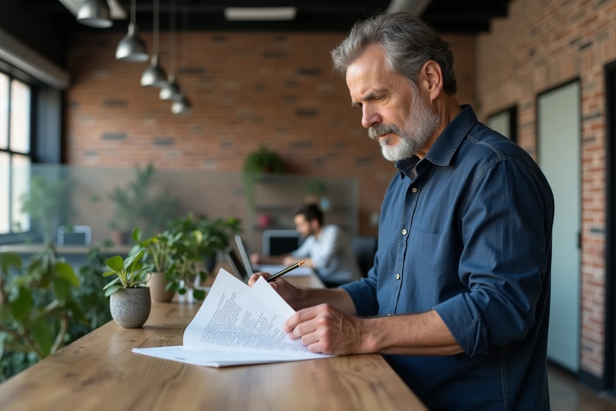 Homme comparant deux versions d'un texte imprimé dans un espace de coworking moderne avec briques apparentes