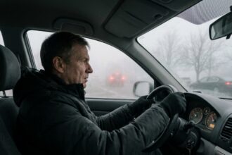 Conducteur masculin au volant par temps de brouillard dense sur autoroute en hiver, vue intérieure depuis le siège passager