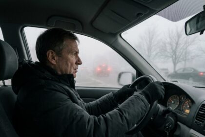 Conducteur masculin au volant par temps de brouillard dense sur autoroute en hiver, vue intérieure depuis le siège passager