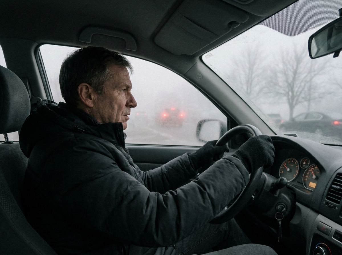 Conducteur masculin au volant par temps de brouillard dense sur autoroute en hiver, vue intérieure depuis le siège passager