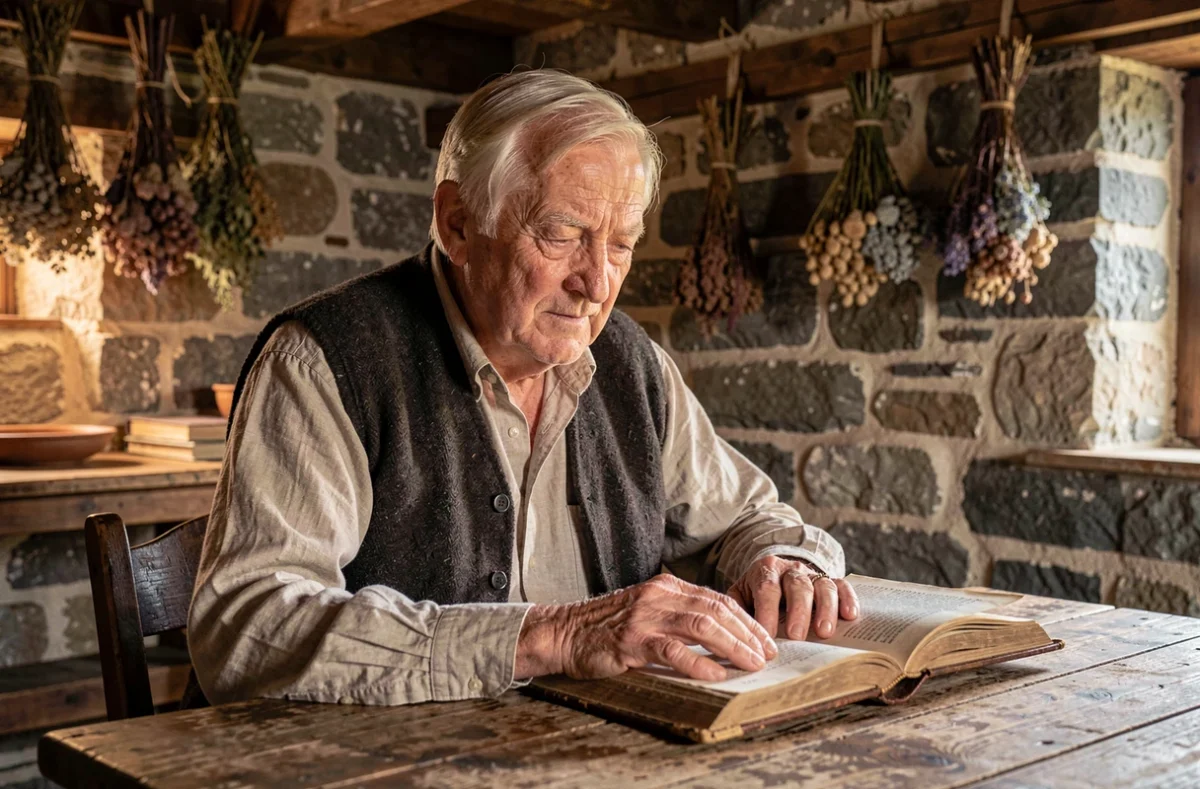 Conteur breton âgé consultant un livre de légendes sur les Korrigans dans une ferme traditionnelle