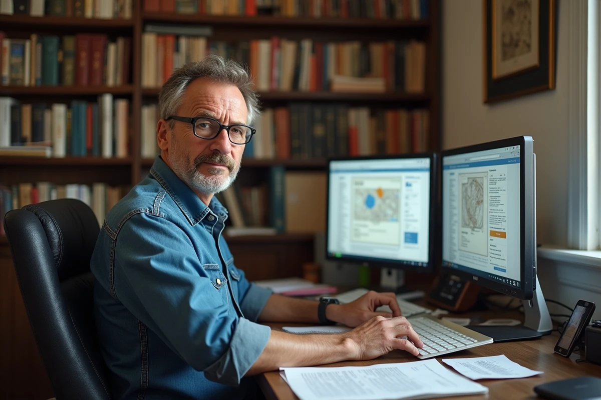 Un contributeur bénévole édite une encyclopédie collaborative en ligne depuis son bureau à domicile entouré de documents d'histoire locale