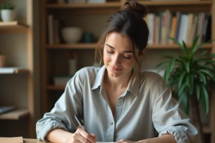 Femme convertissant des heures AM PM en format 24h dans un carnet de notes sur un bureau en bois