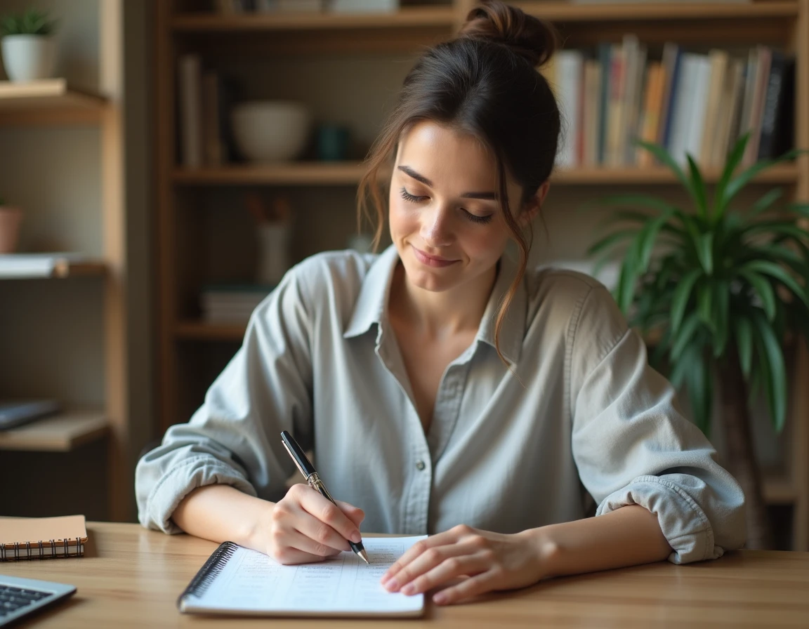 Femme convertissant des heures AM PM en format 24h dans un carnet de notes sur un bureau en bois