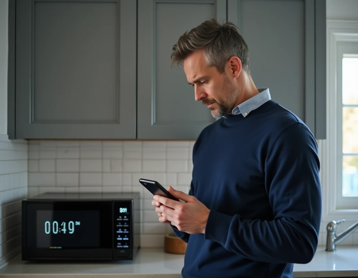 Homme comparant l'heure sur un micro-ondes et une application de conversion horaire sur smartphone dans une cuisine moderne