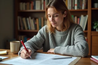 Femme corrigeant un texte imprimé avec un stylo rouge sur son bureau, entourée de dictionnaires et de notes manuscrites