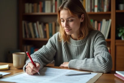 Femme corrigeant un texte imprimé avec un stylo rouge sur son bureau, entourée de dictionnaires et de notes manuscrites