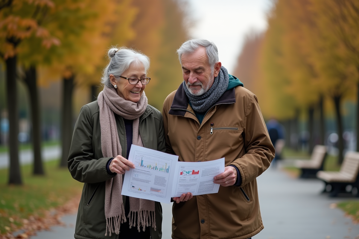 Couple retraité marchant dans un parc urbain en discutant