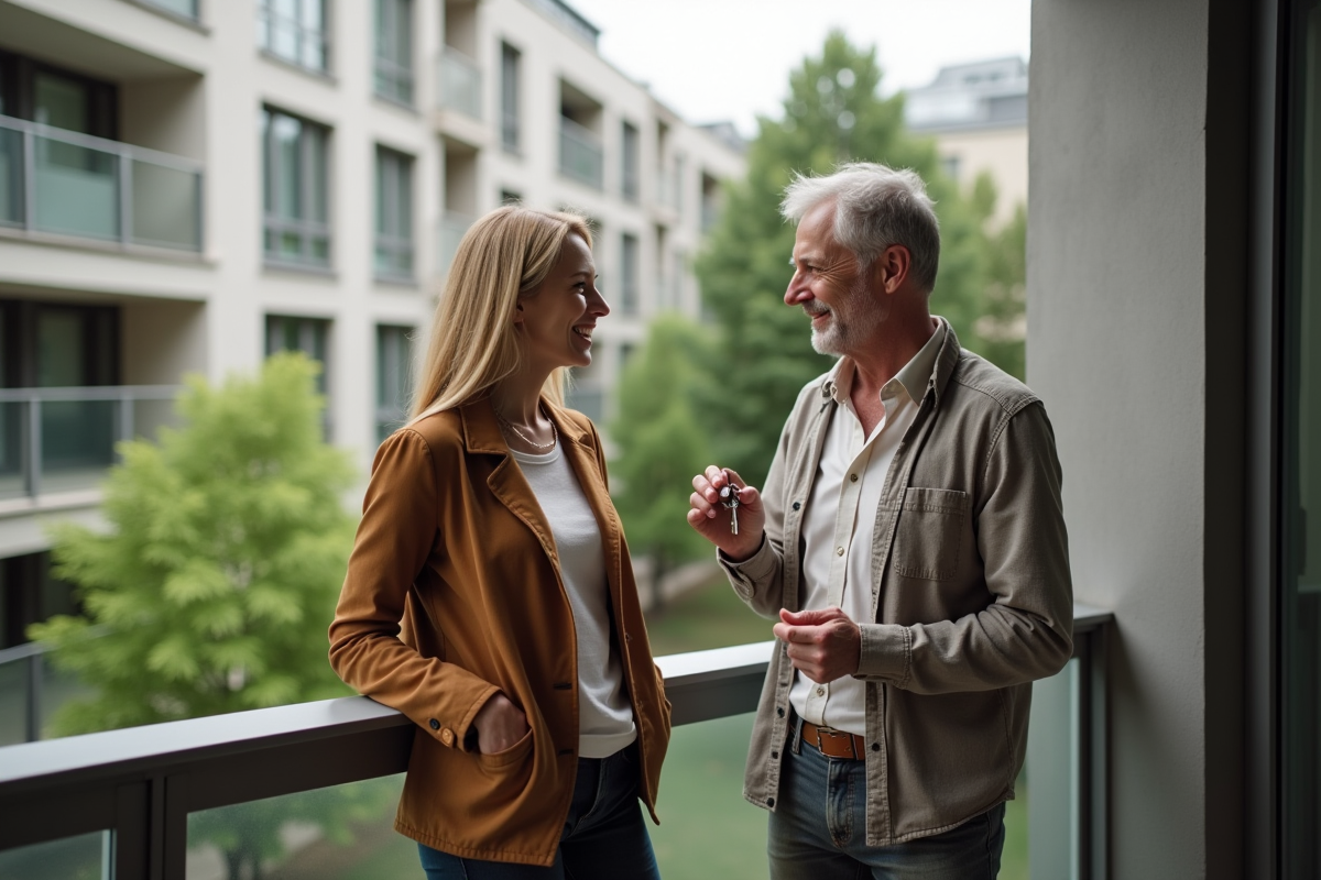 Couple souriant avec clés d appartement sur balcon urbain
