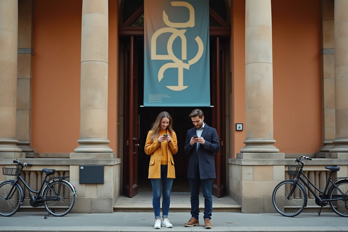 Couple vérifiant la disponibilité des billets sur smartphone devant l'entrée d'un musée à Toulouse pour l'exposition Escher