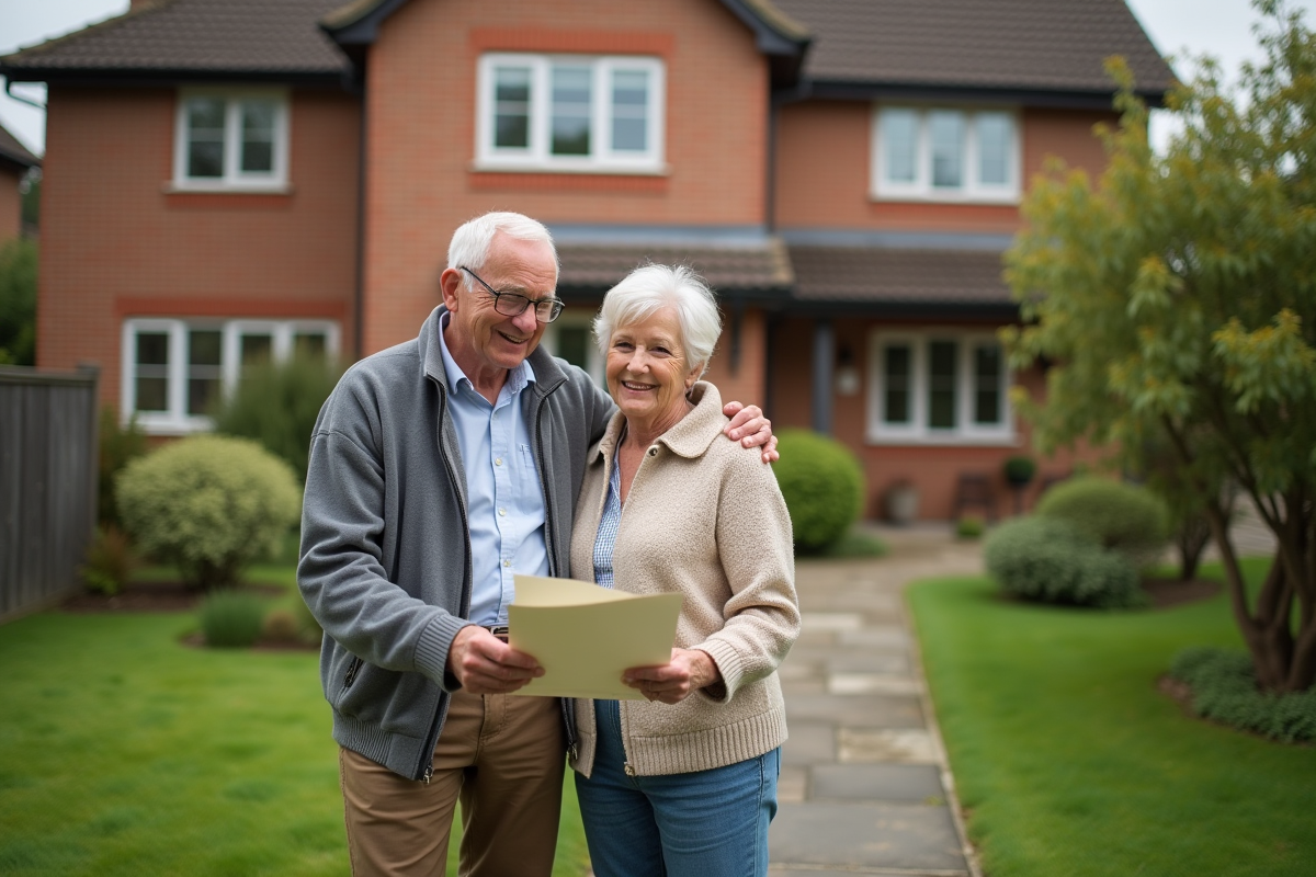 Couple âgé tenant un acte de propriété devant leur maison