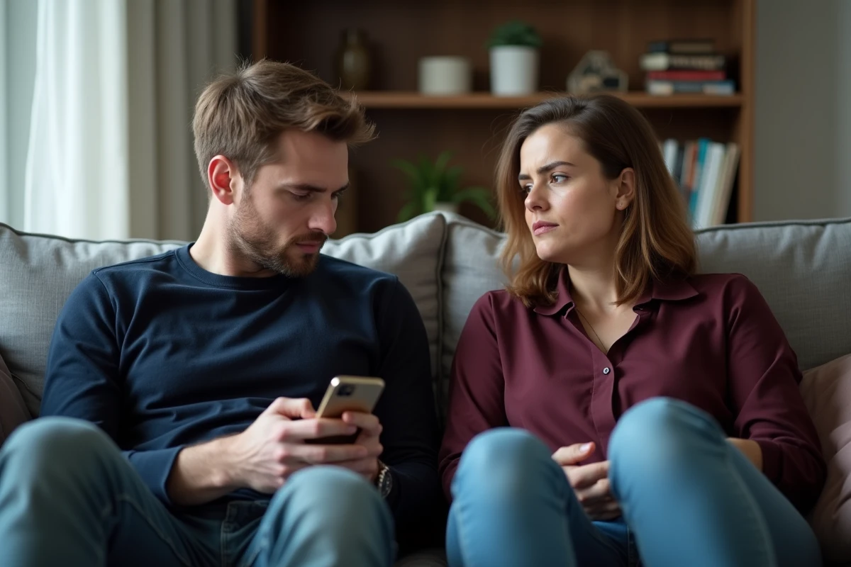 Couple en silence sur un canapé, illustrant la distance émotionnelle et les erreurs qui détruisent l'amour