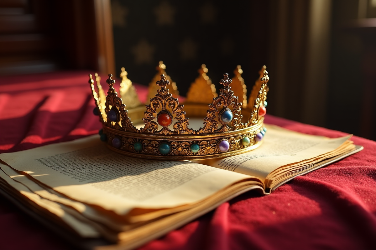 Couronne royale ancienne avec documents de famille sur velours