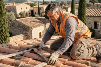 Couvreur professionnel posant des tuiles en terre cuite sur une maison traditionnelle dans le Gard