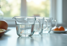 Plan large d'ustensiles de cuisine avec verres doseurs remplis d'eau