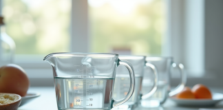 Plan large d'ustensiles de cuisine avec verres doseurs remplis d'eau