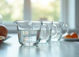 Plan large d'ustensiles de cuisine avec verres doseurs remplis d'eau