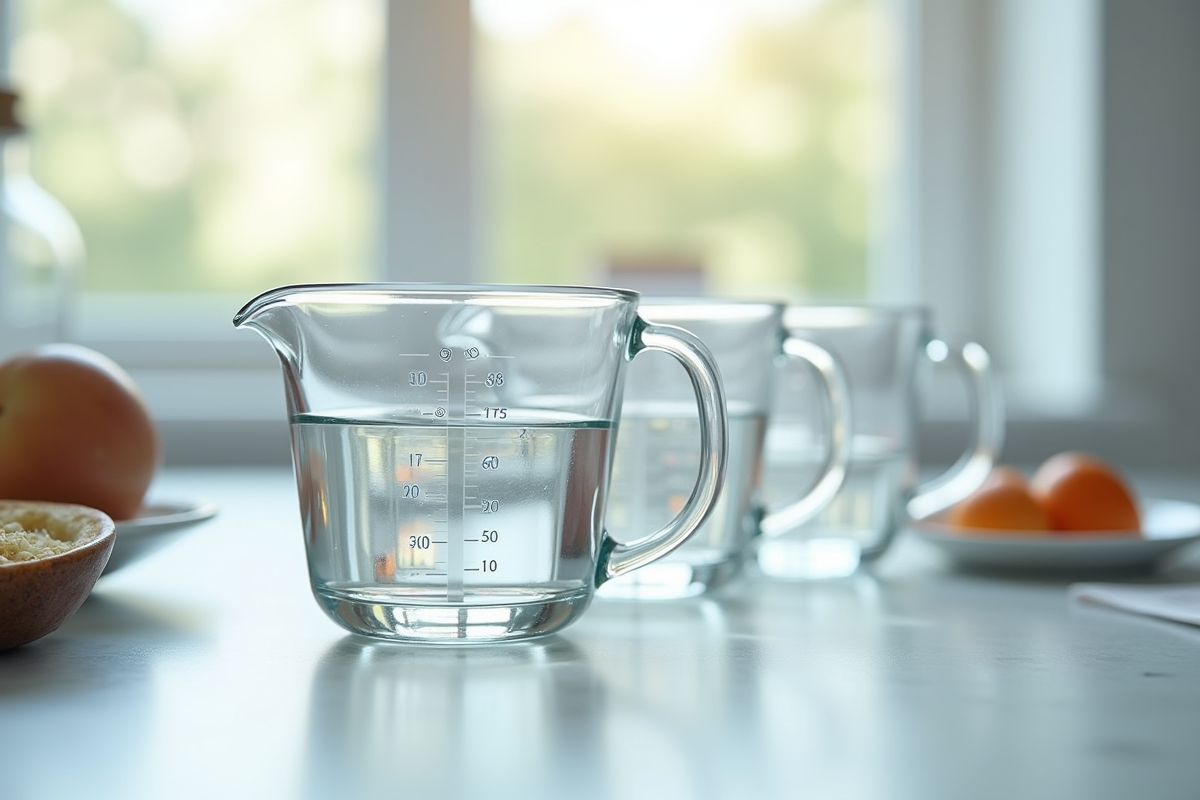 Plan large d'ustensiles de cuisine avec verres doseurs remplis d'eau