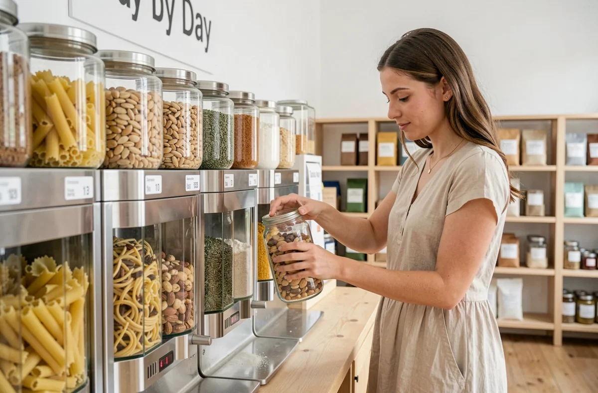 Jeune femme remplissant un bocal en verre au rayon vrac zéro déchet de Day by Day Tours