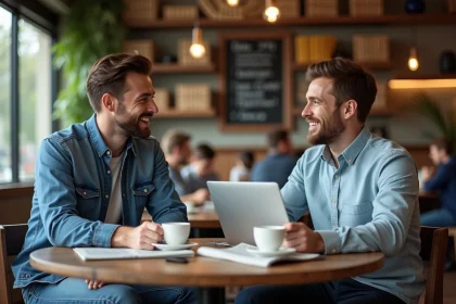 Deux hommes souriants discutent au caf&eacute; avec laptops