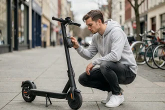Homme jeune accroupi examinant l'afficheur d'une trottinette électrique noire sur un trottoir urbain