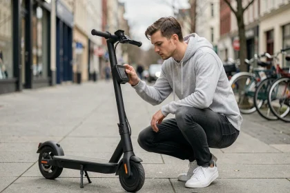 Homme jeune accroupi examinant l'afficheur d'une trottinette électrique noire sur un trottoir urbain