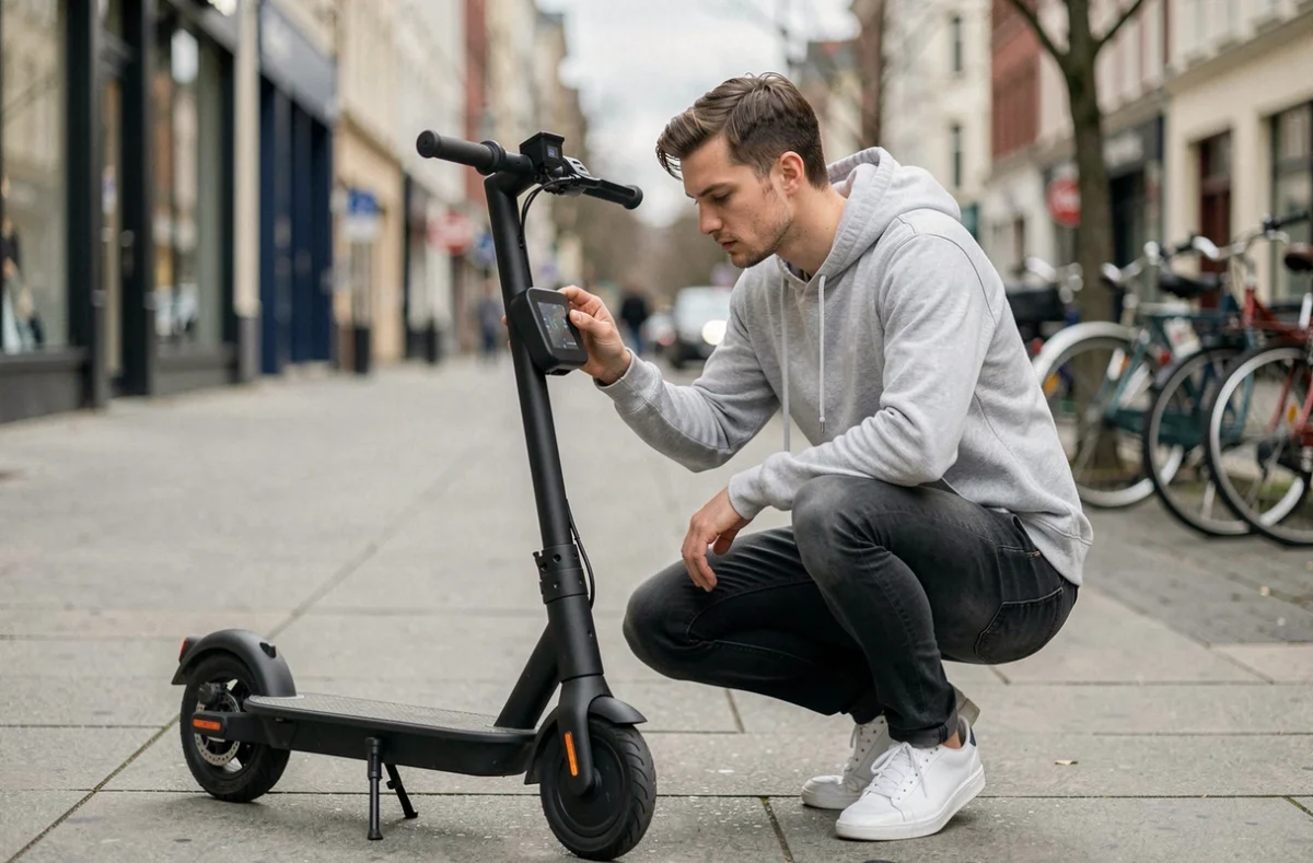 Homme jeune accroupi examinant l'afficheur d'une trottinette électrique noire sur un trottoir urbain