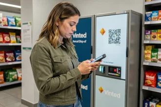 Femme déposant un colis Vinted dans un point relais en supérette avec un smartphone