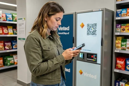 Femme déposant un colis Vinted dans un point relais en supérette avec un smartphone