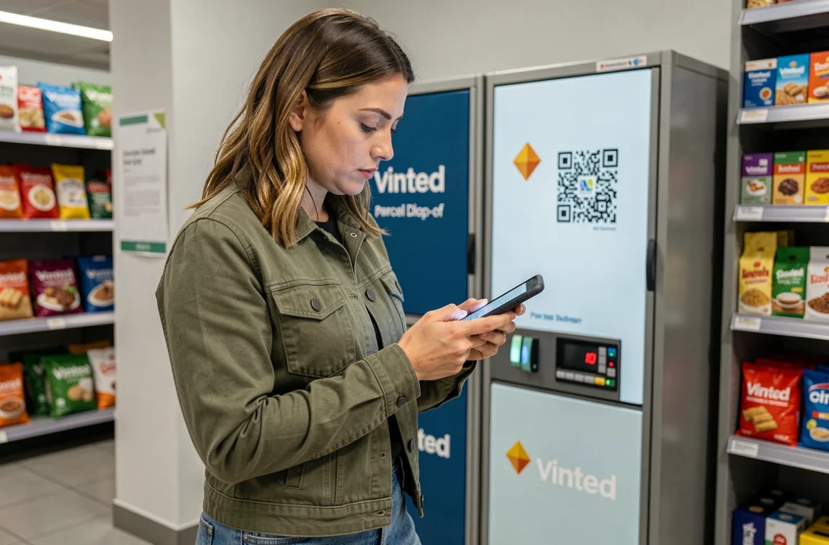 Femme déposant un colis Vinted dans un point relais en supérette avec un smartphone