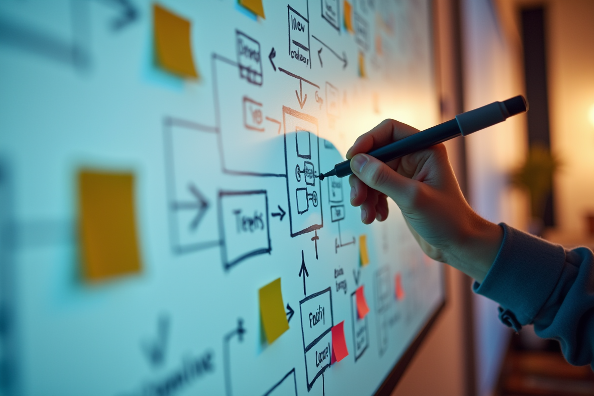 Mains esquissant des idees et diagrammes sur un tableau blanc
