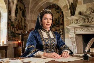 Portrait en costume Renaissance d'une femme de cour du XVIe siècle assise à un bureau dans un château français, évoquant Diane de Poitiers, favorite du roi Henri II