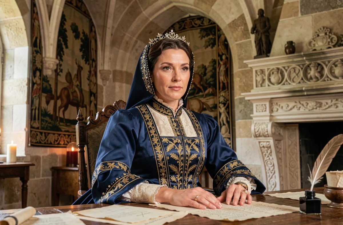 Portrait en costume Renaissance d'une femme de cour du XVIe siècle assise à un bureau dans un château français, évoquant Diane de Poitiers, favorite du roi Henri II