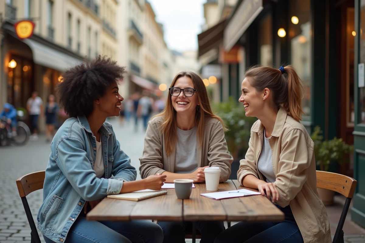 Groupe de personnes en discussion animée en terrasse de café dans un quartier typique d'une grande ville française