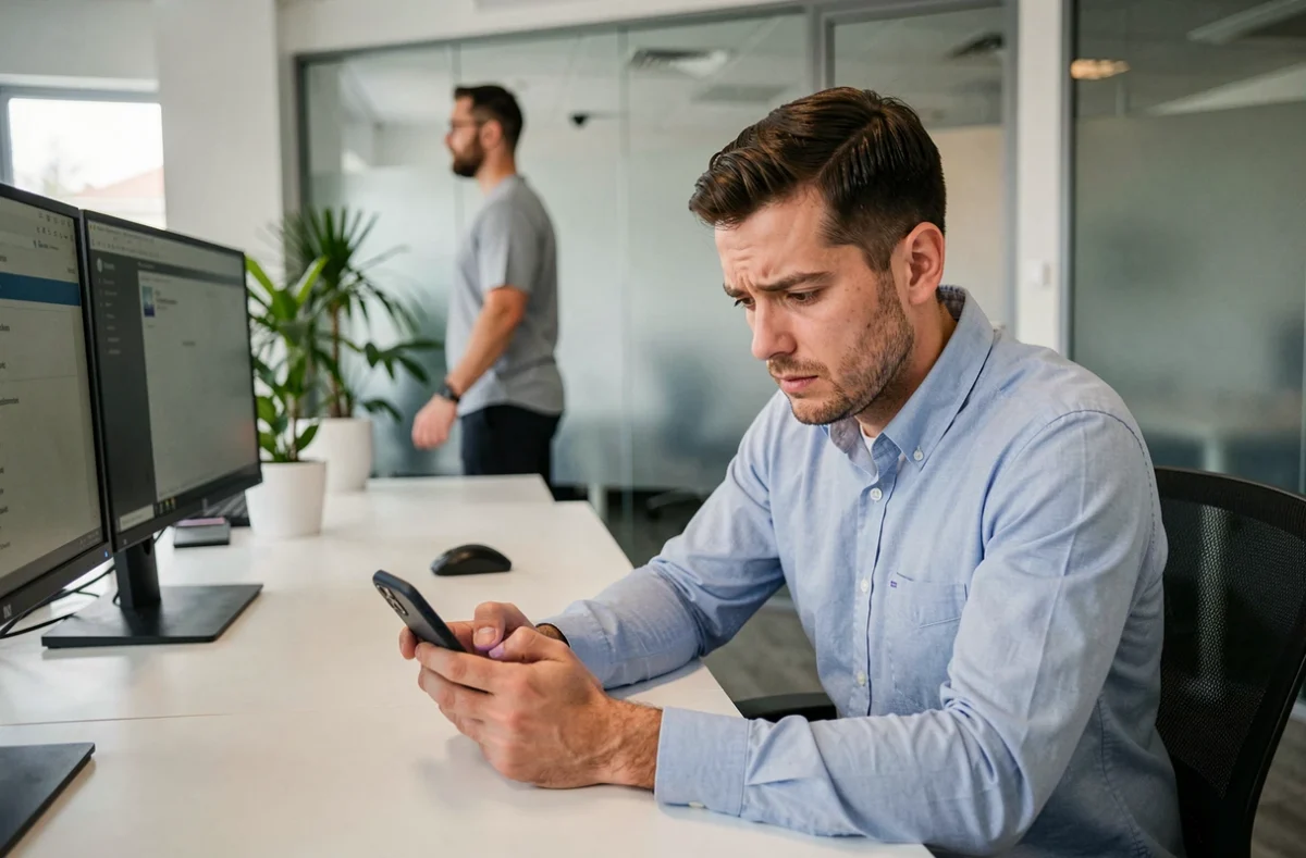 Homme au bureau regardant furtivement son téléphone portable au travail, illustration des distractions numériques en milieu professionnel