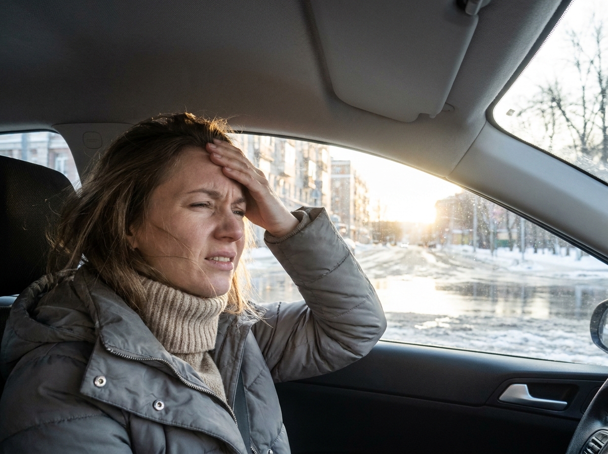 Conductrice éblouie par le soleil rasant hivernal en ville, visière baissée, visibilité réduite par éblouissement sur route mouillée