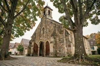 Façade de l'église historique en pierre du village de Saralbe en Moselle, entourée de tilleuls aux couleurs d'automne