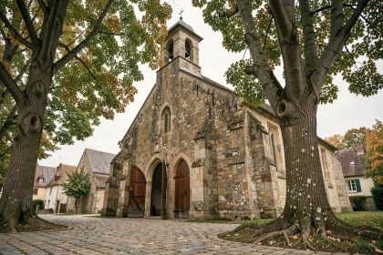 Façade de l'église historique en pierre du village de Saralbe en Moselle, entourée de tilleuls aux couleurs d'automne